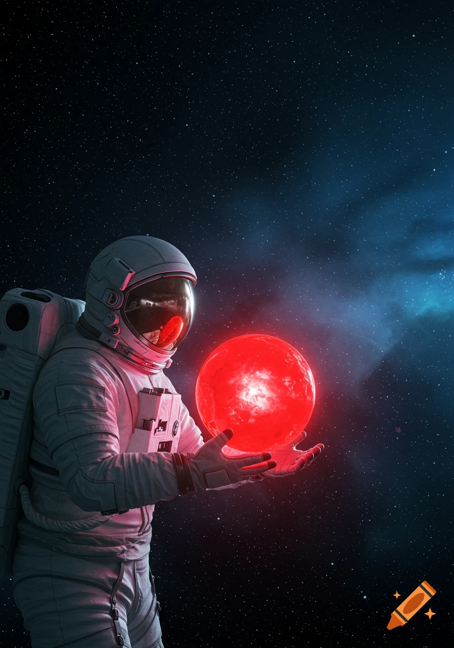 An astronaut in a white suit floats in space, holding a glowing red celestial sphere between their open hands.