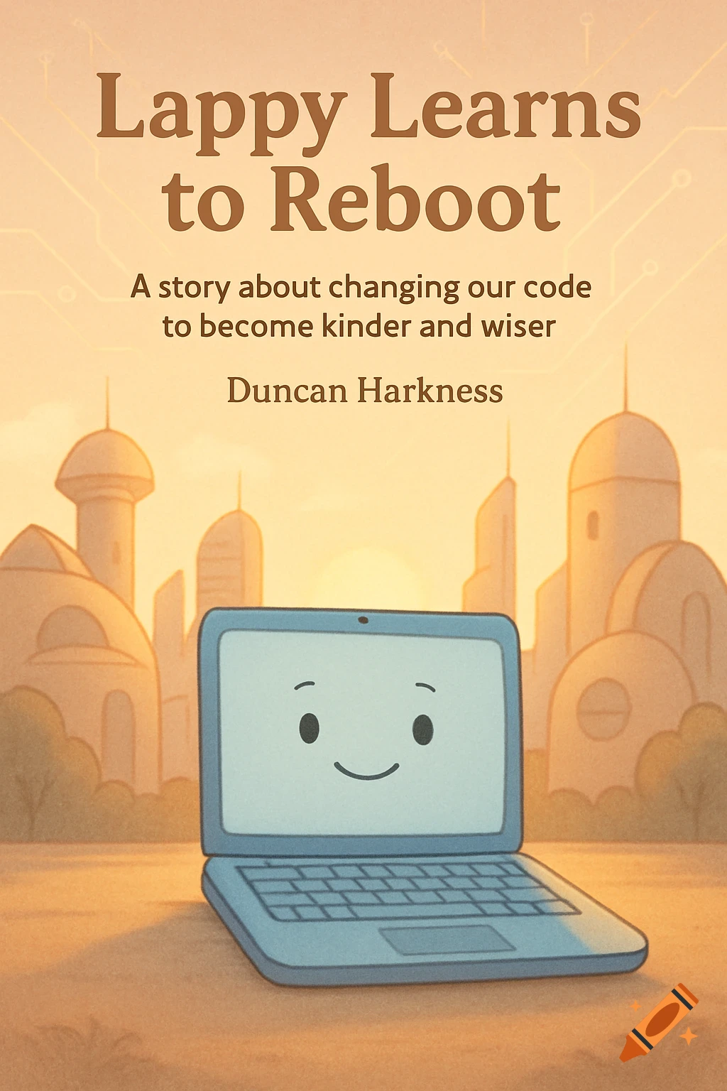Children's book cover with a smiling laptop in a tech-themed city, titled 'Lappy Learns to Reboot'.