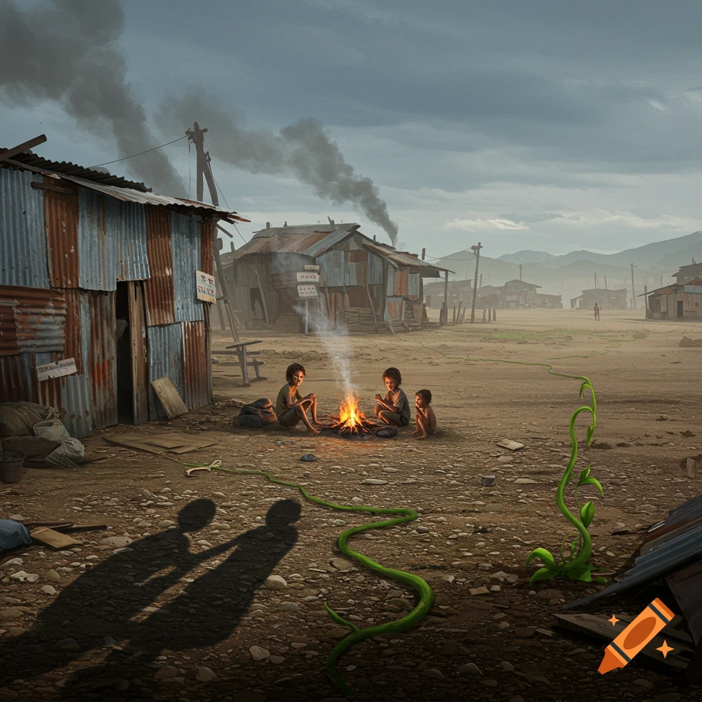 Three children sit by a small fire in a desolate shantytown under a cloudy sky, with corrugated metal shacks and a green vine on the dusty ground.
