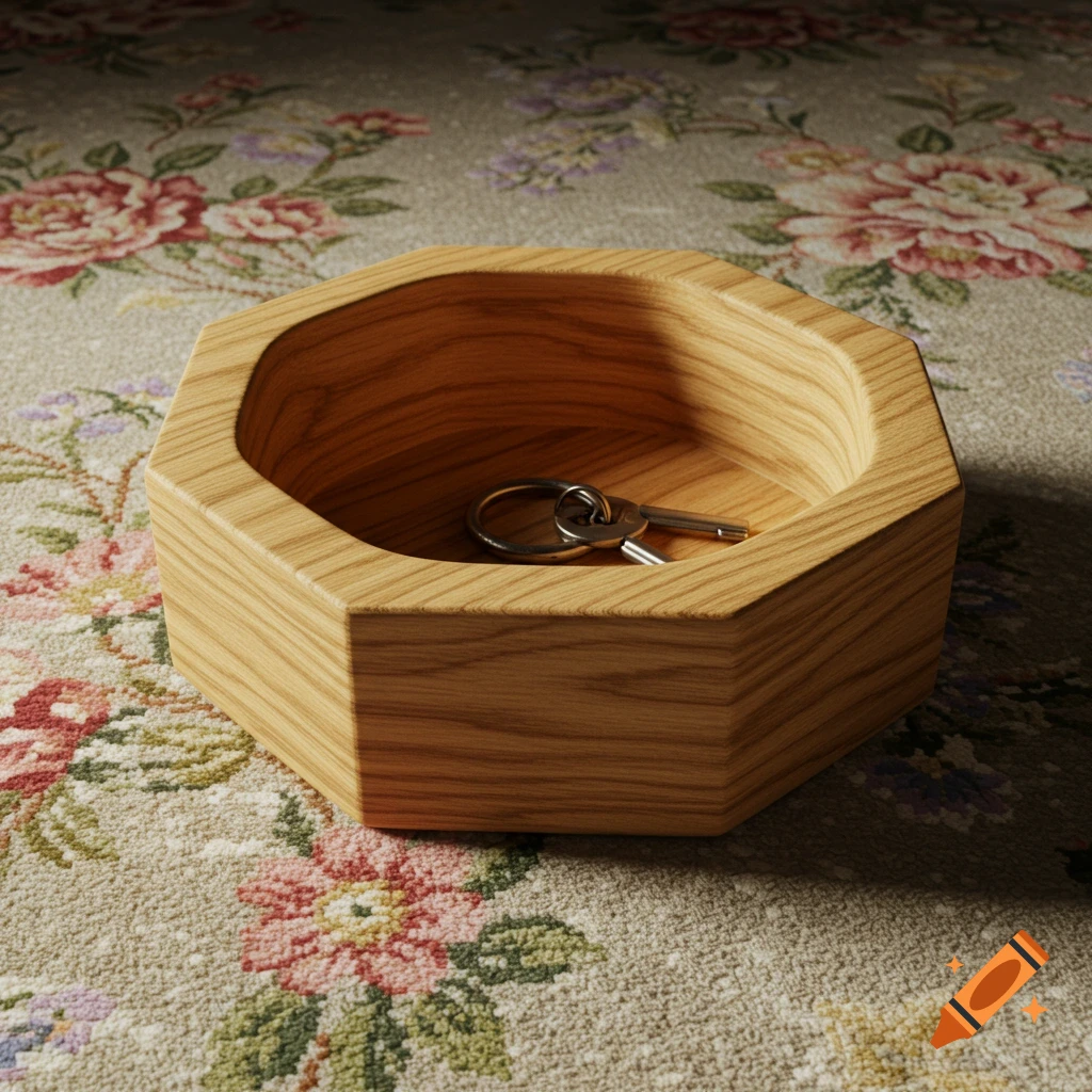 A hexagonal light wood tray with keys sits on a floral patterned carpet.