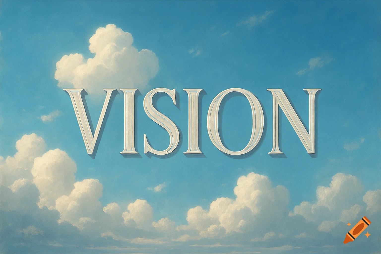 The word "VISION" in large white serif letters against a blue sky with fluffy white clouds, in a painterly style.
