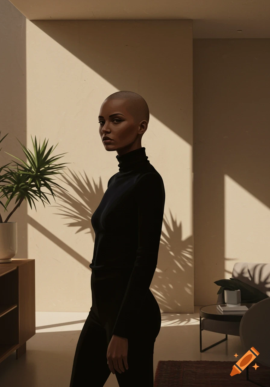 A photorealistic portrait of a bald woman in a black turtleneck, standing in a sunlit room with plants and modern furniture.