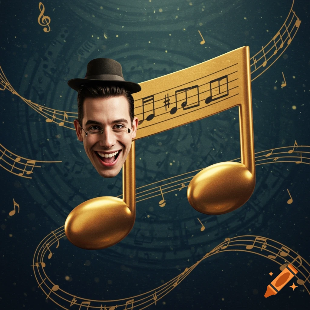 A man's smiling face wearing a hat and spectacles on a large golden musical note, against a dark background with musical motifs.
