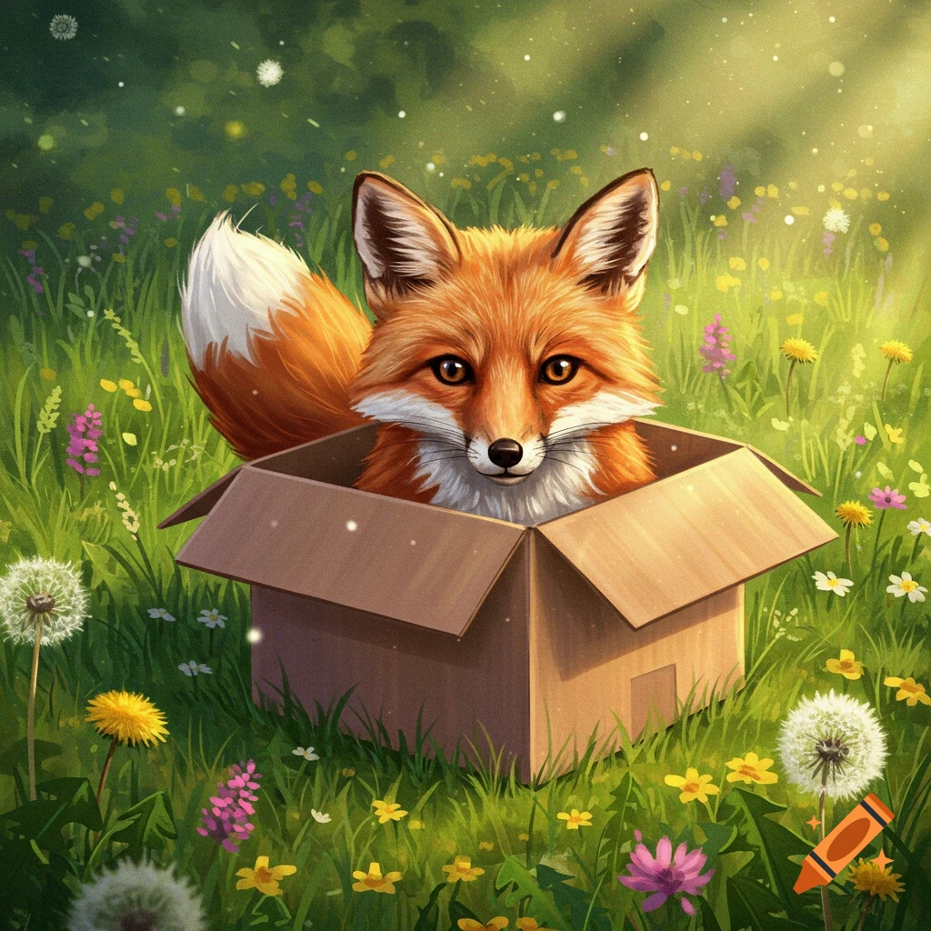 An adorable orange fox in a cardboard box sits in a sunny meadow among dandelions and wildflowers, illustration.