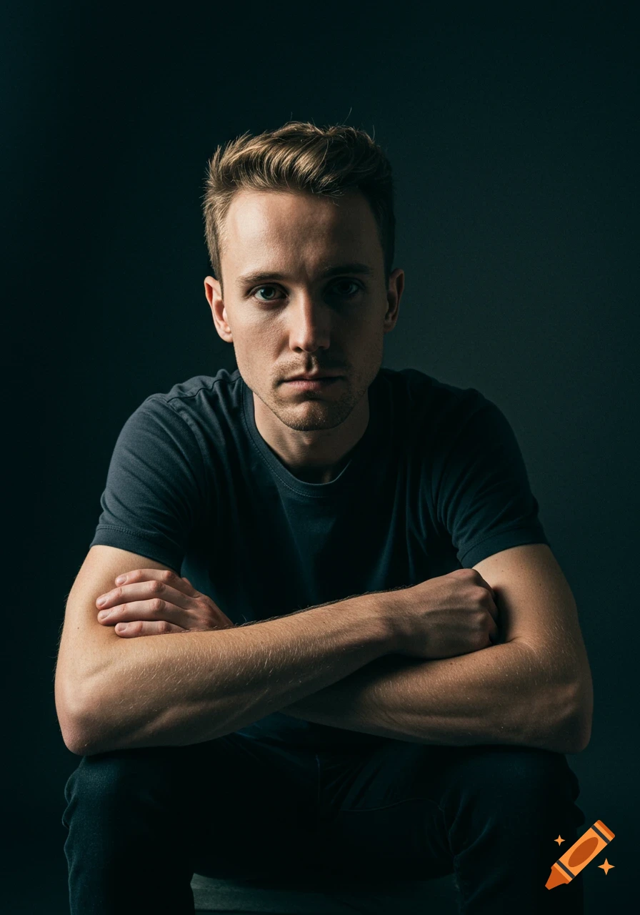 Photorealistic portrait of a man with blonde hair and a dark shirt, arms crossed, gazing intensely at the viewer with dramatic lighting.