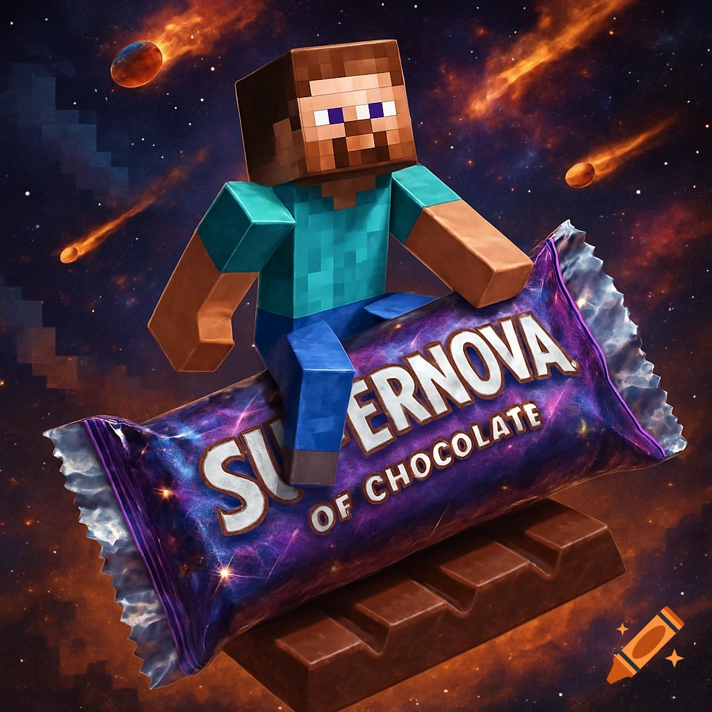 Minecraft Steve rides a "Supernova of Chocolate" candy bar through space with meteors.