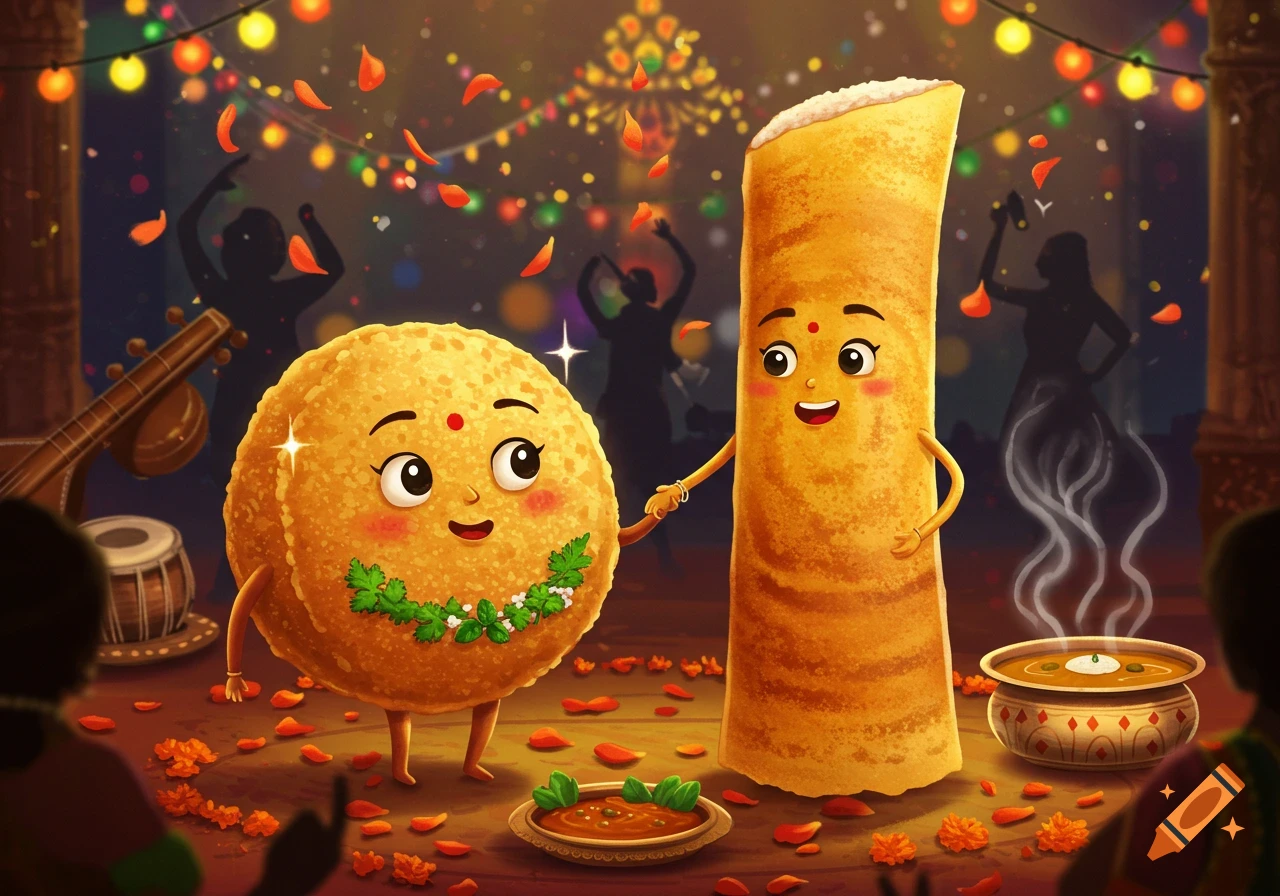 Cartoon Pani Puri and Dosa hold hands at a vibrant Indian celebration with dancing silhouettes and festive lights.