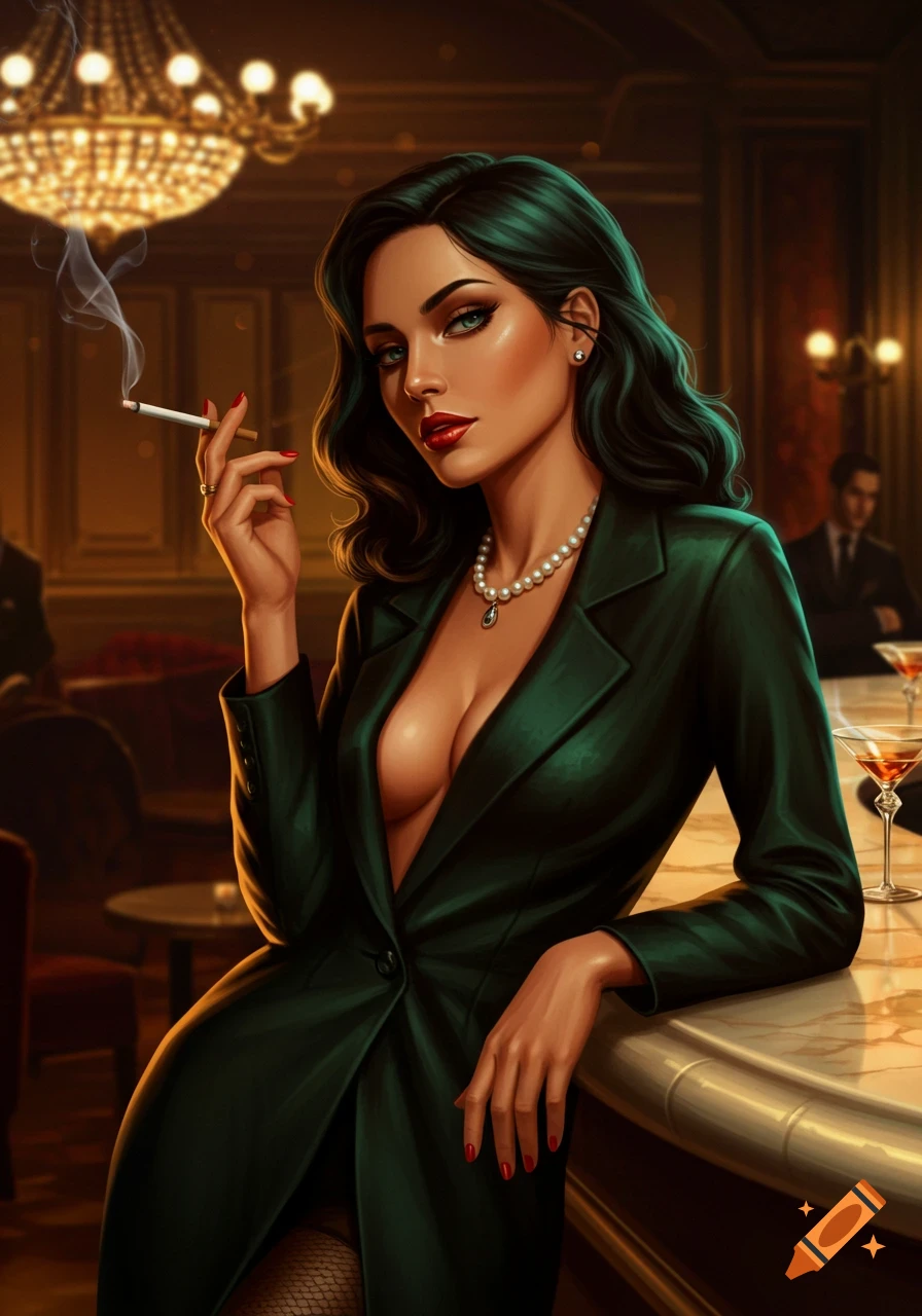A stylish woman in a dark green jacket with deep cleavage smokes a cigarette, leaning on a bar in a dimly lit lounge, digital art.