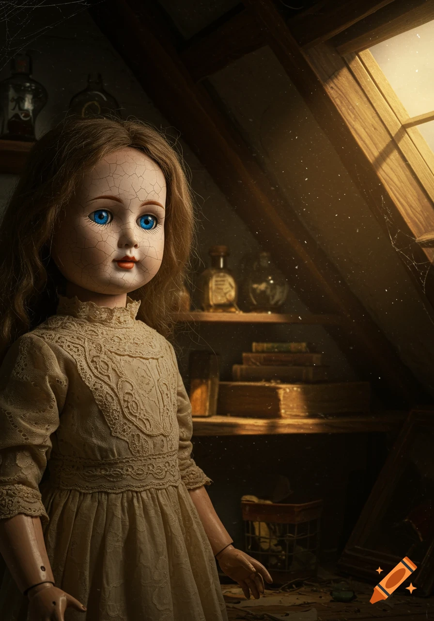 A cracked vintage doll with bright blue eyes sits in a dusty, dimly lit attic, light streaming from a window.