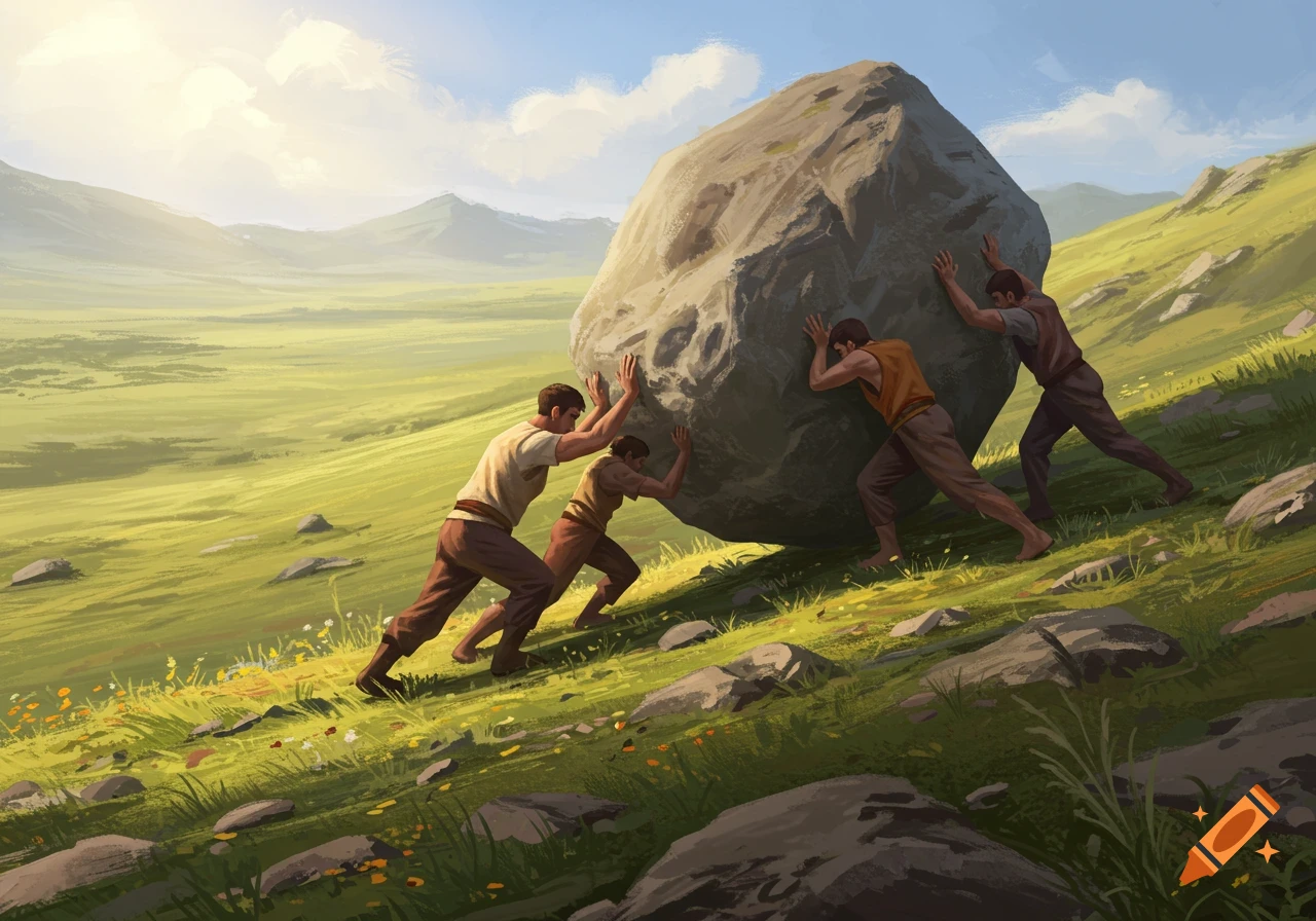 Three men push a large rock up a steep green hill under a bright sky, in a digital painting.