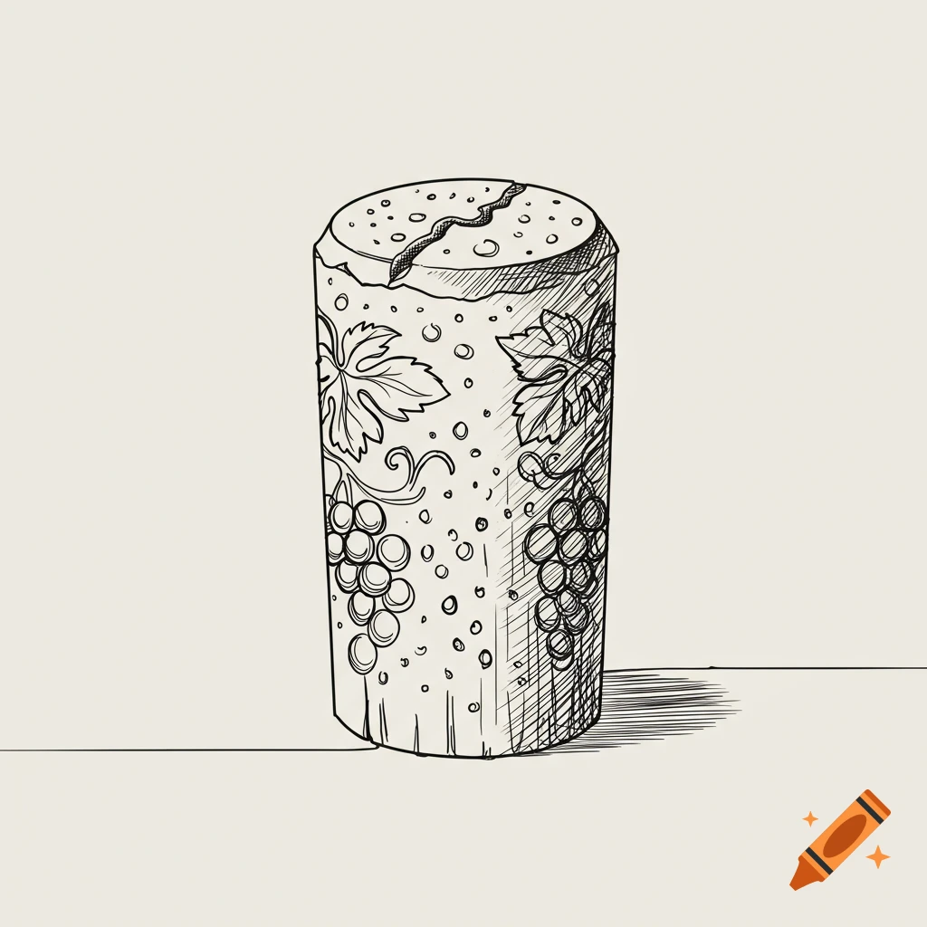 A line art illustration of a wine cork with grape and leaf designs.