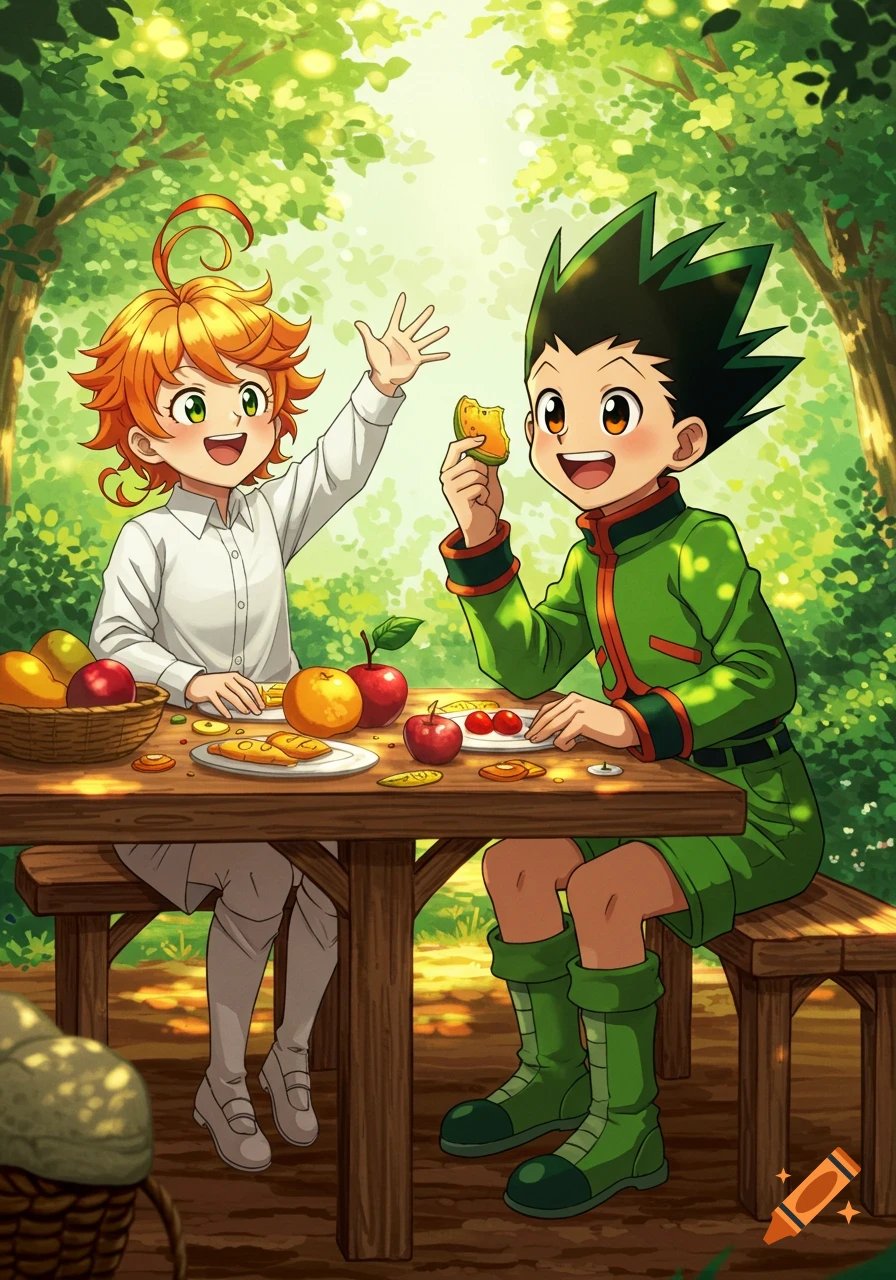 Anime characters Gon and Emma sit at a picnic table in a forest, smiling and eating fruit.