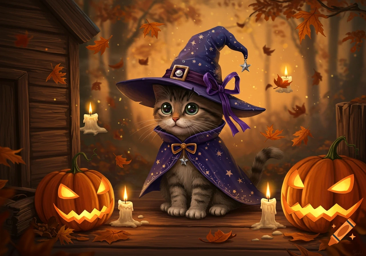 A cute tabby kitten dressed as a witch sits between two glowing jack-o'-lanterns with candles in an autumn forest scene.