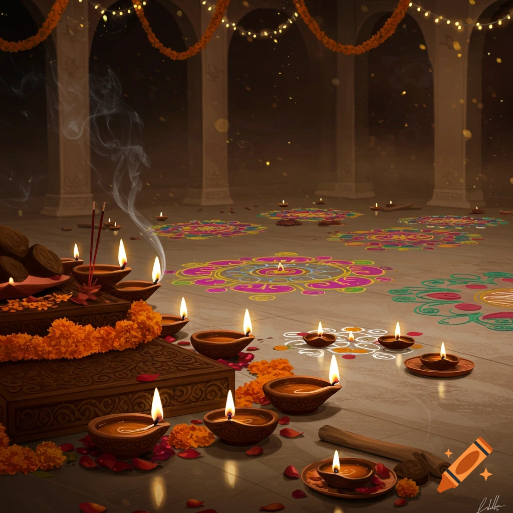 A spiritual Diwali celebration with numerous lit oil lamps, marigold garlands, and colorful rangoli patterns in a dark, ornate hall.
