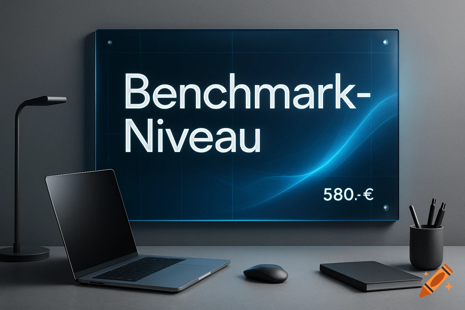 A modern, minimalist workspace featuring a laptop, mouse, lamp, and a glowing screen displaying "Benchmark-Niveau" and "580.-" in a clean, professional aesthetic.