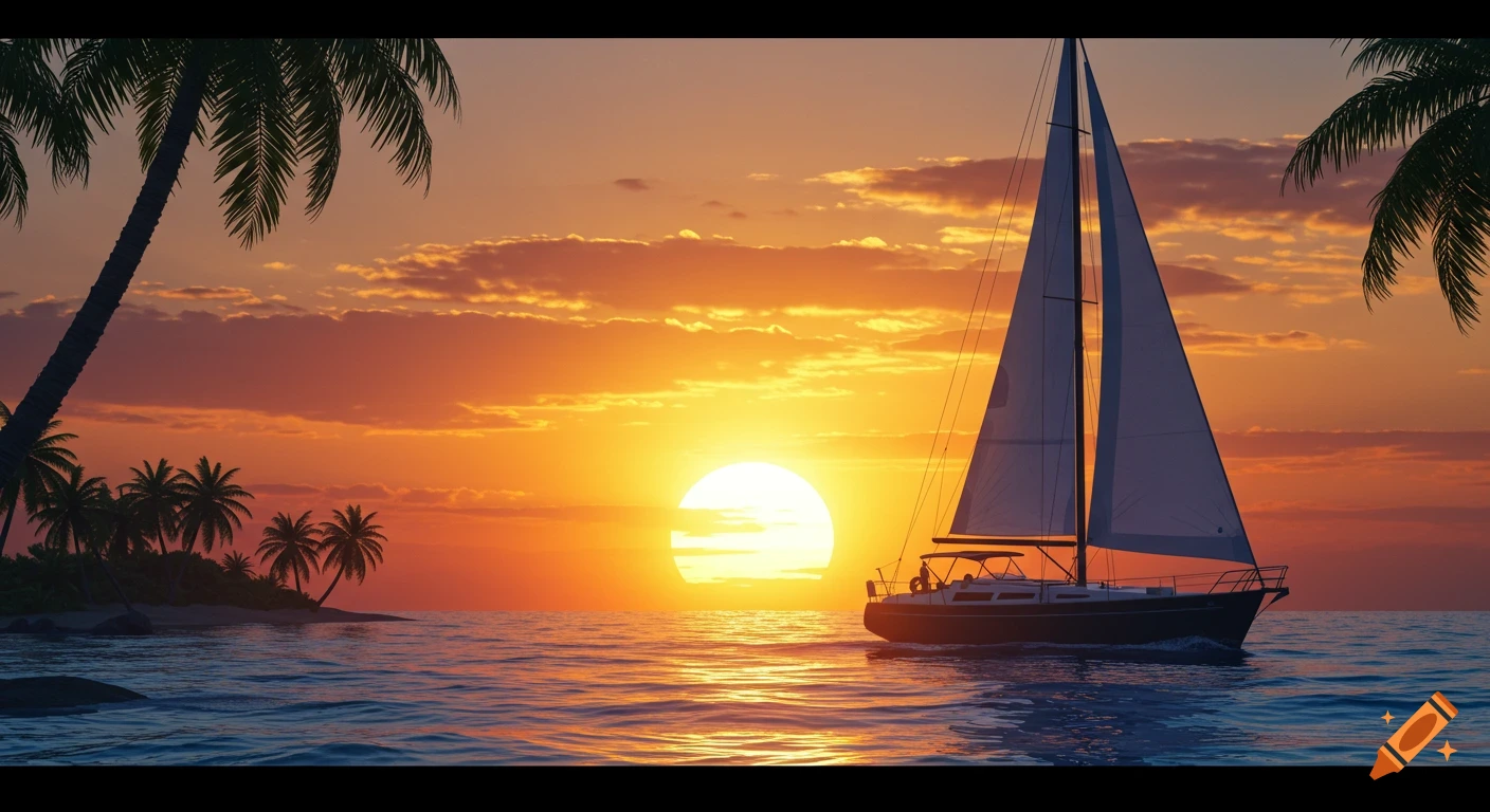 A sailboat glides on calm water during a vibrant tropical sunset, with palm trees silhouetted on a nearby island.
