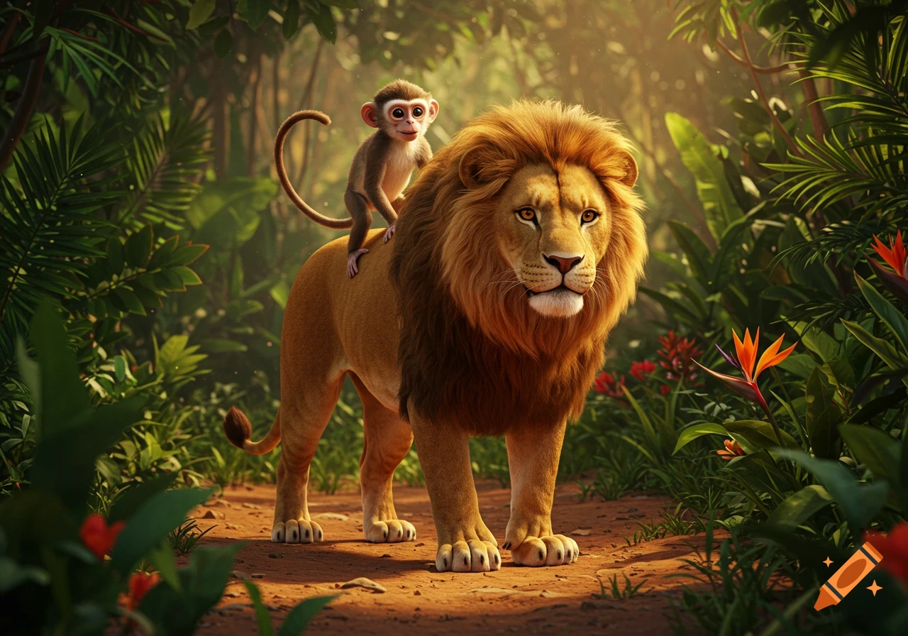 A cute monkey rides on the back of a majestic lion through a sunlit, lush jungle. Photorealistic style.