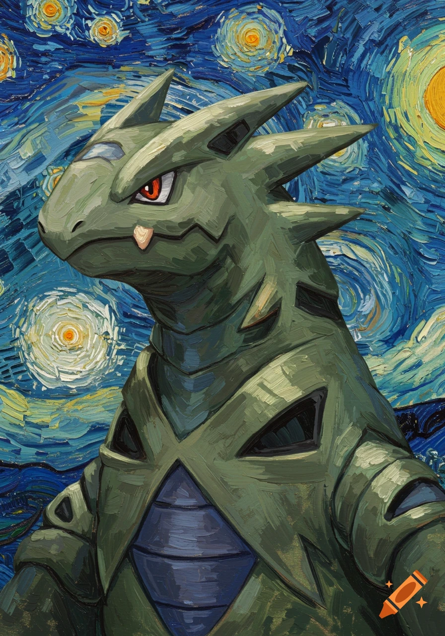 A painterly portrait of a green Tyranitar looking left, set against a swirling blue and yellow starry night sky in the style of Van Gogh.