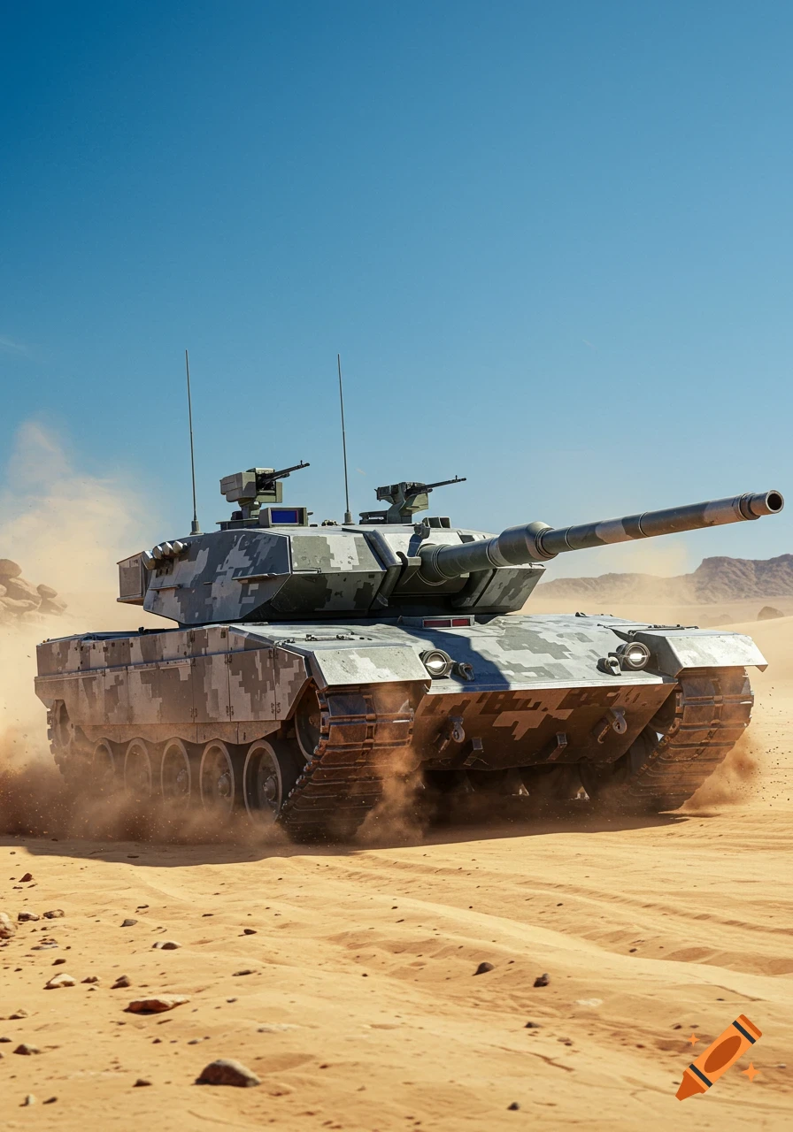 A modern military tank with a digital camouflage pattern drives through a sandy desert, kicking up dust under a clear blue sky.