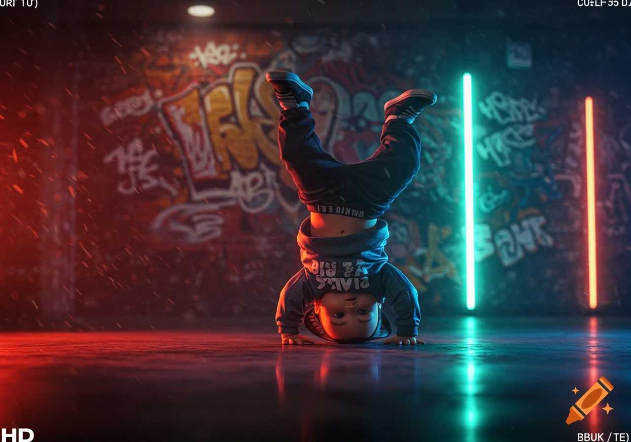 A breakdancing baby performs a handstand on a reflective floor, illuminated by red and cyan neon lights against a graffiti-covered wall, in a photorealistic style.