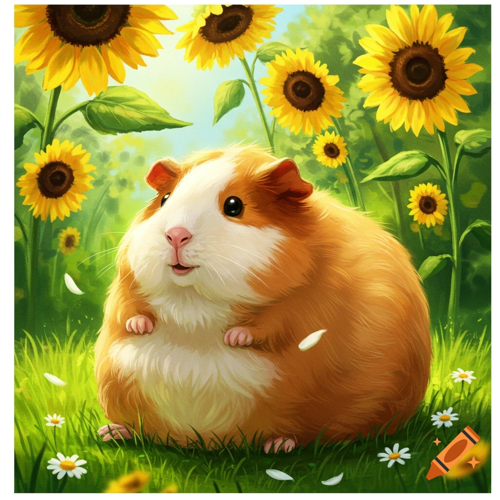 A chubby guinea pig with orange and white fur sits in a sunny field of green grass and white flowers, surrounded by tall, bright yellow sunflowers.