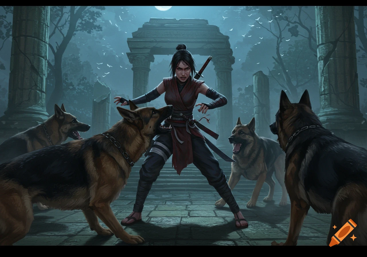 A defiant female warrior battles aggressive German shepherds in moonlit ancient ruins, digital painting.