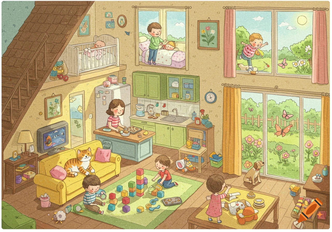 A whimsical illustration of a busy family home, with children playing, a woman baking, a man with a baby, and pets.