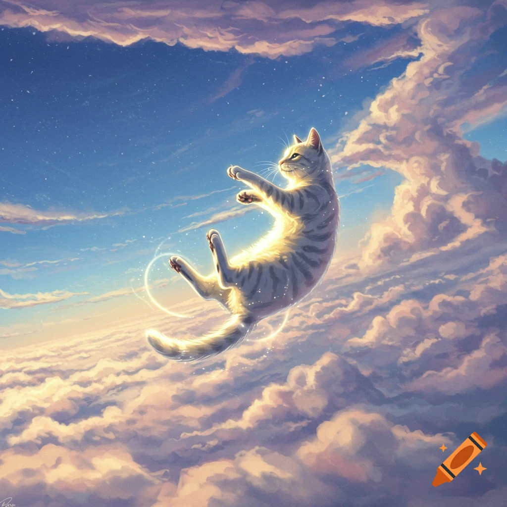 A striped cat with a glowing aura floats gracefully through a vibrant, cloud-filled sky.