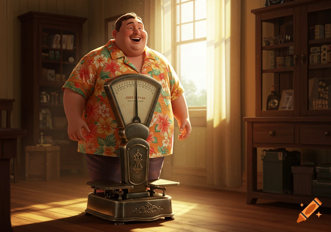 A heavy, animated man in a floral shirt smiles excitedly next to an antique weight scale in a sunlit room.
