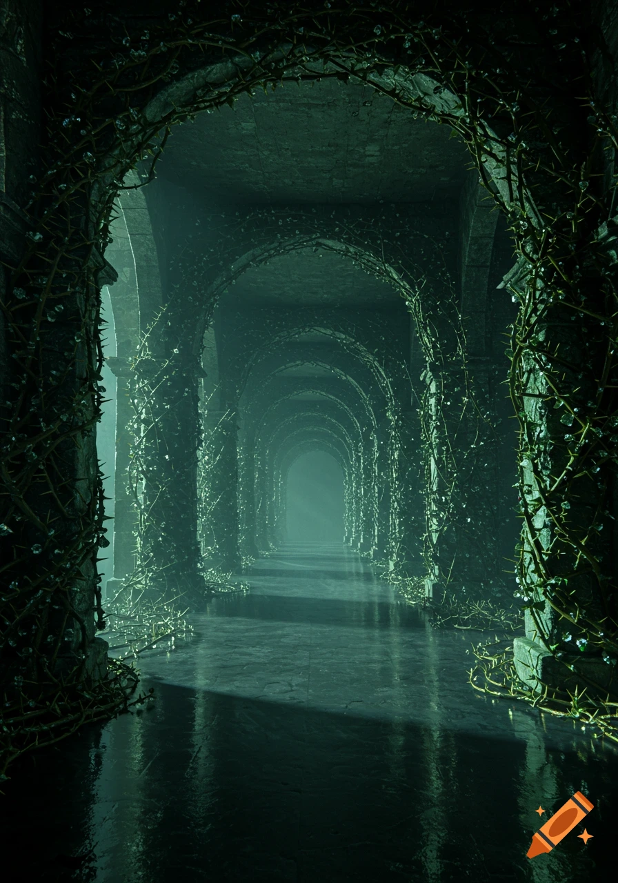 A dark, atmospheric endless hallway with arched stone pillars heavily overgrown with thorny vines, lit by rays of light.