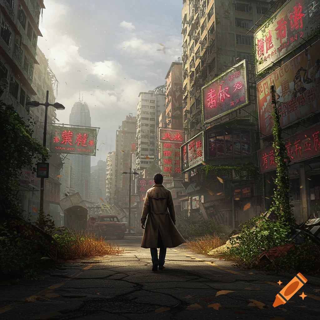 A man in a trench coat walks through a ruined, overgrown Hong Kong cityscape with tall buildings and neon signs under a cloudy sky.