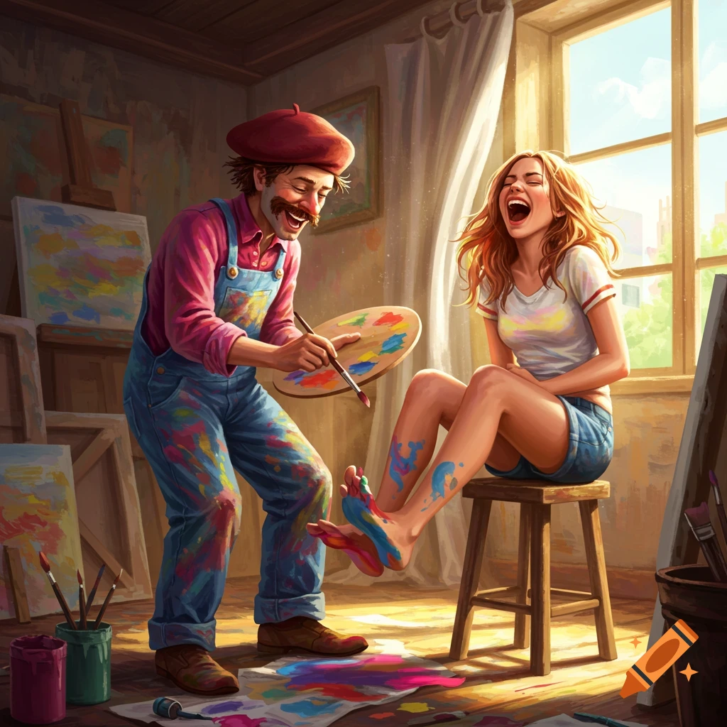 A laughing artist in a beret paints a woman's feet with colorful paint in an art studio.