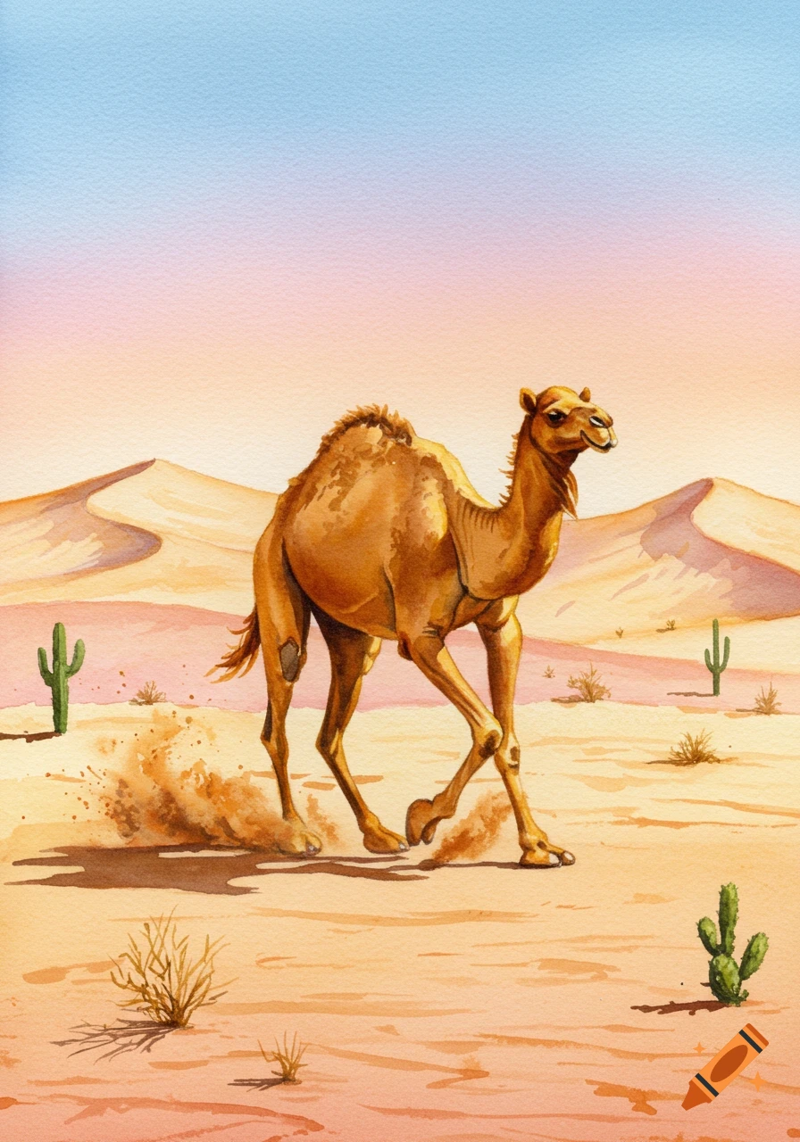 Watercolor painting of a brown camel walking and kicking up sand in a desert with dunes and cacti under a gradient sky.