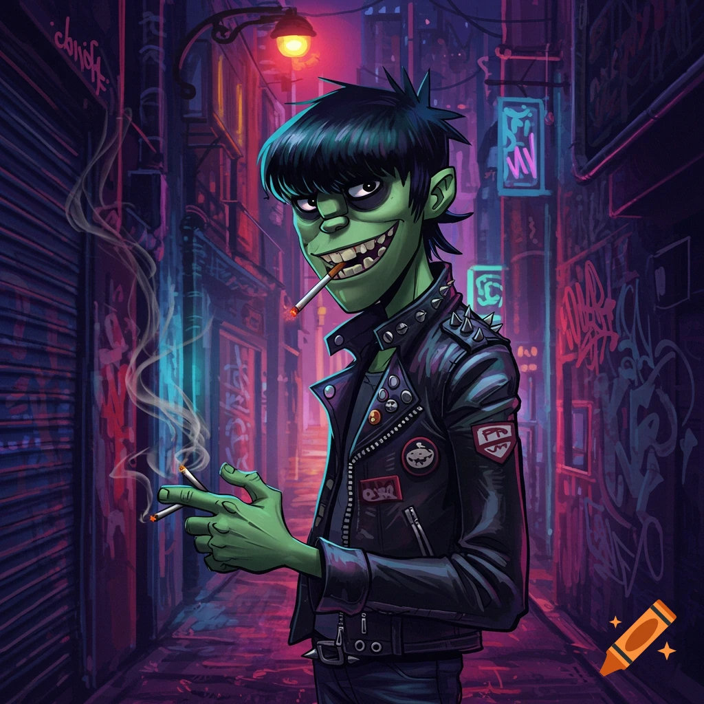 Green-skinned Murdoc from Gorillaz in a studded leather jacket, smoking cigarettes in a neon-lit alley.