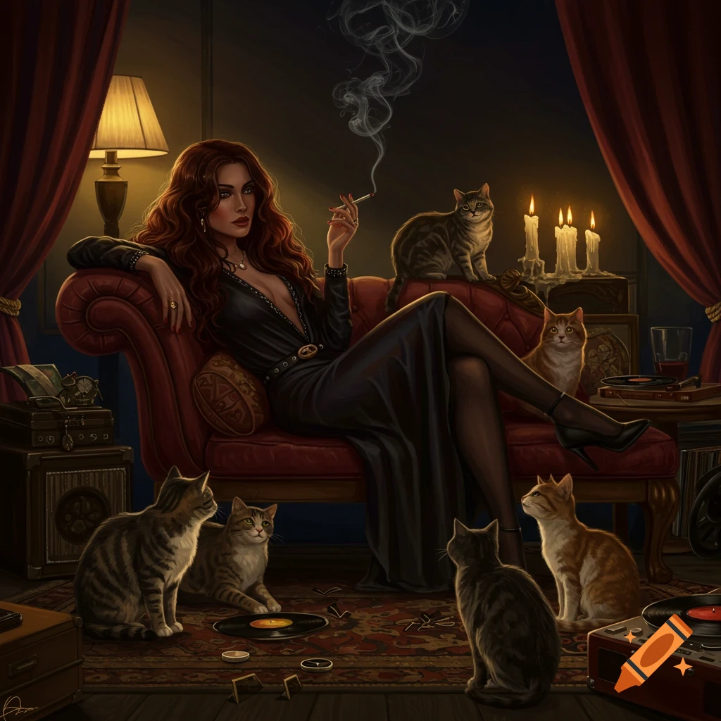 A stylish woman with red hair smokes on a couch surrounded by several cats and vintage records in a dimly lit, luxurious room.