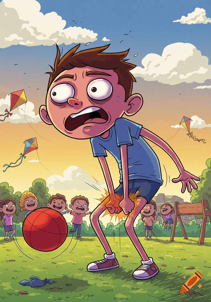 A cartoon boy clutches his groin in pain after a basketball hit him in a park, while other children watch and laugh.