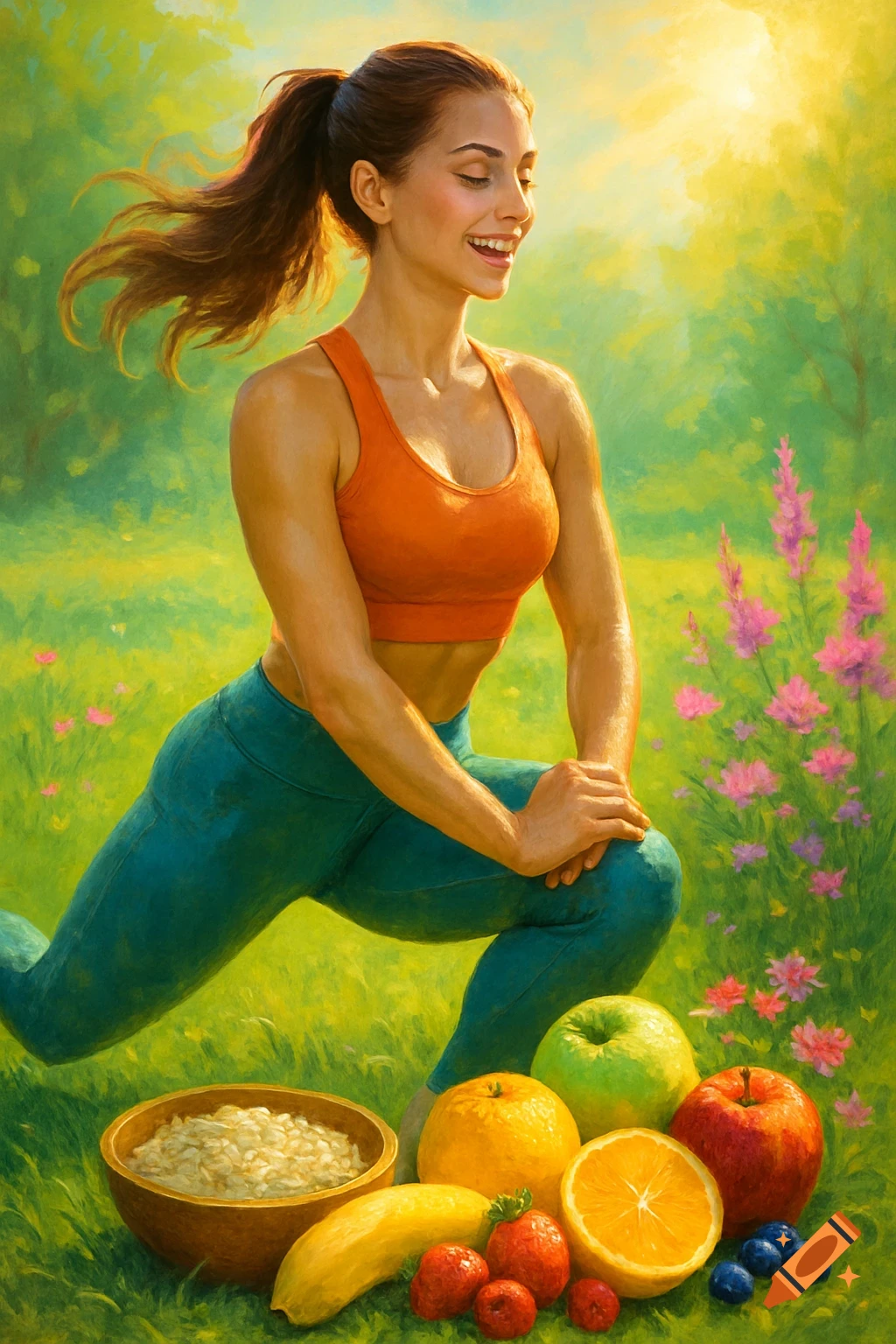 A woman in an orange sports bra and teal leggings does a lunge outdoors, with healthy fruits and oatmeal on the grass.