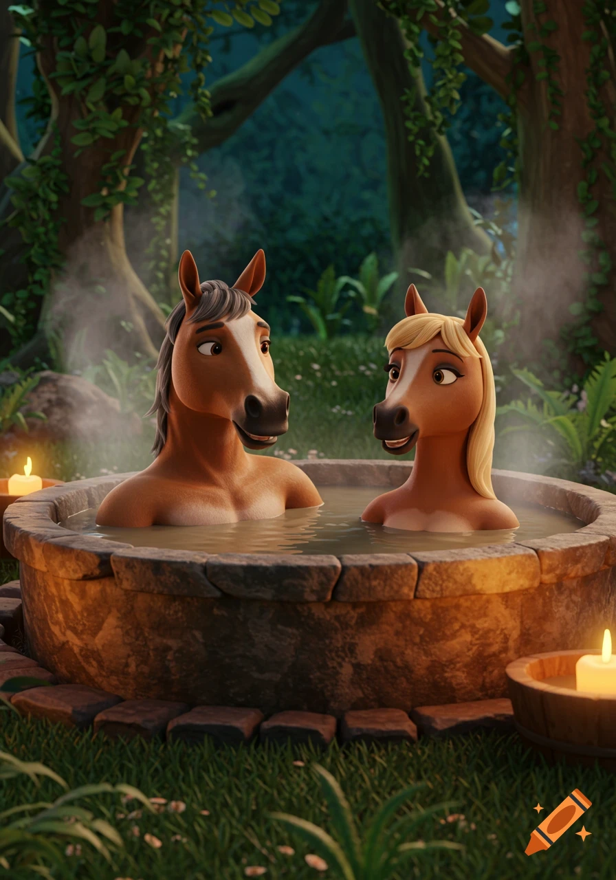 Anthropomorphic male and female horses relax in a steaming mud hot tub in a lush forest, with candles, in 3D animation style.