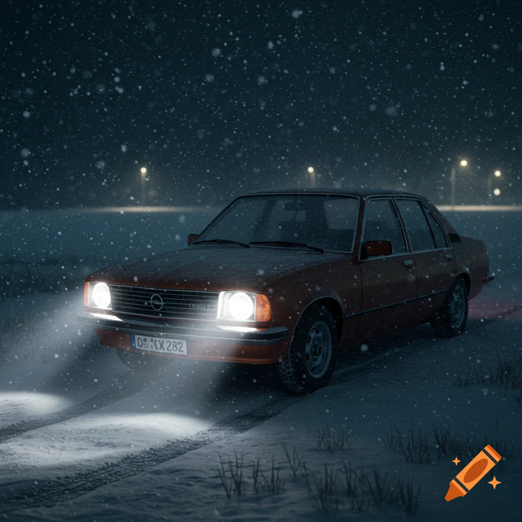 An orange Opel Rekord car with headlights on, driving on a snowy road at night under distant streetlights.