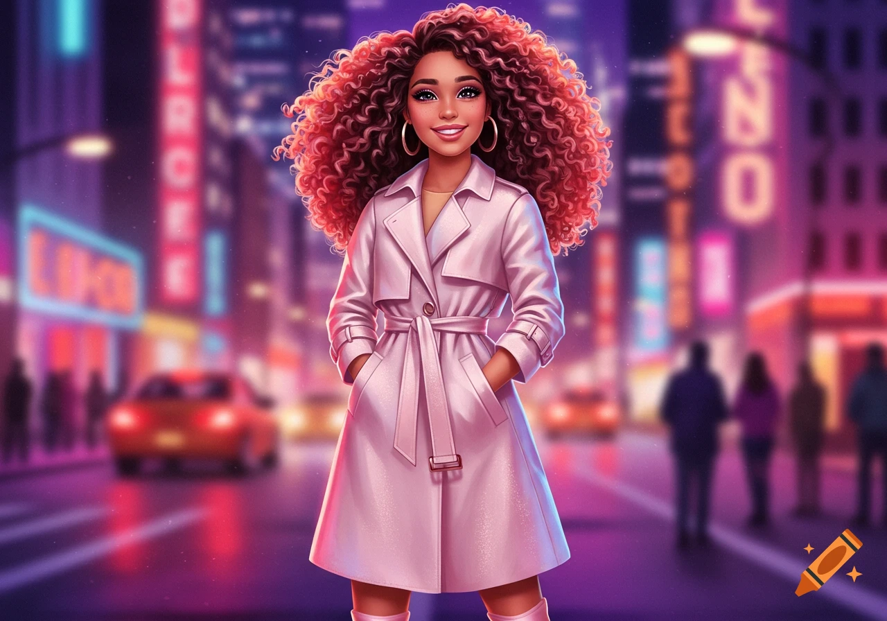 A cheerful, stylized woman with red curly hair and a pink trench coat stands on a city street at night, with blurred neon lights in the background.