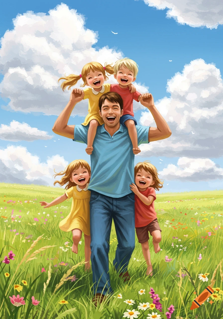 A happy father walks through a sunny, flower-filled meadow with four laughing children, two on his shoulders and two beside him.