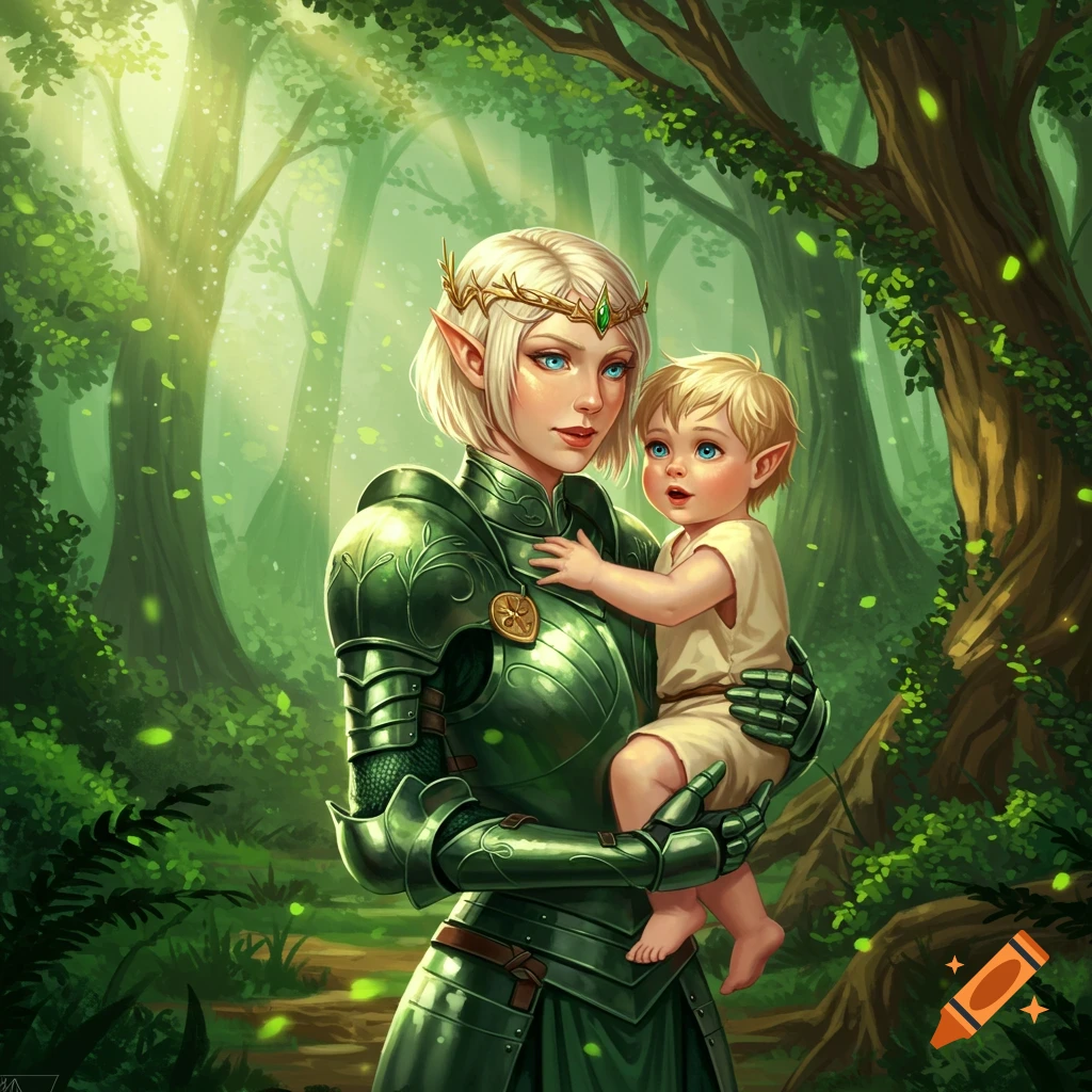 An elven empress in green armor with a blond bob cut and blue eyes holds a baby with elf ears in a magical forest illustration.