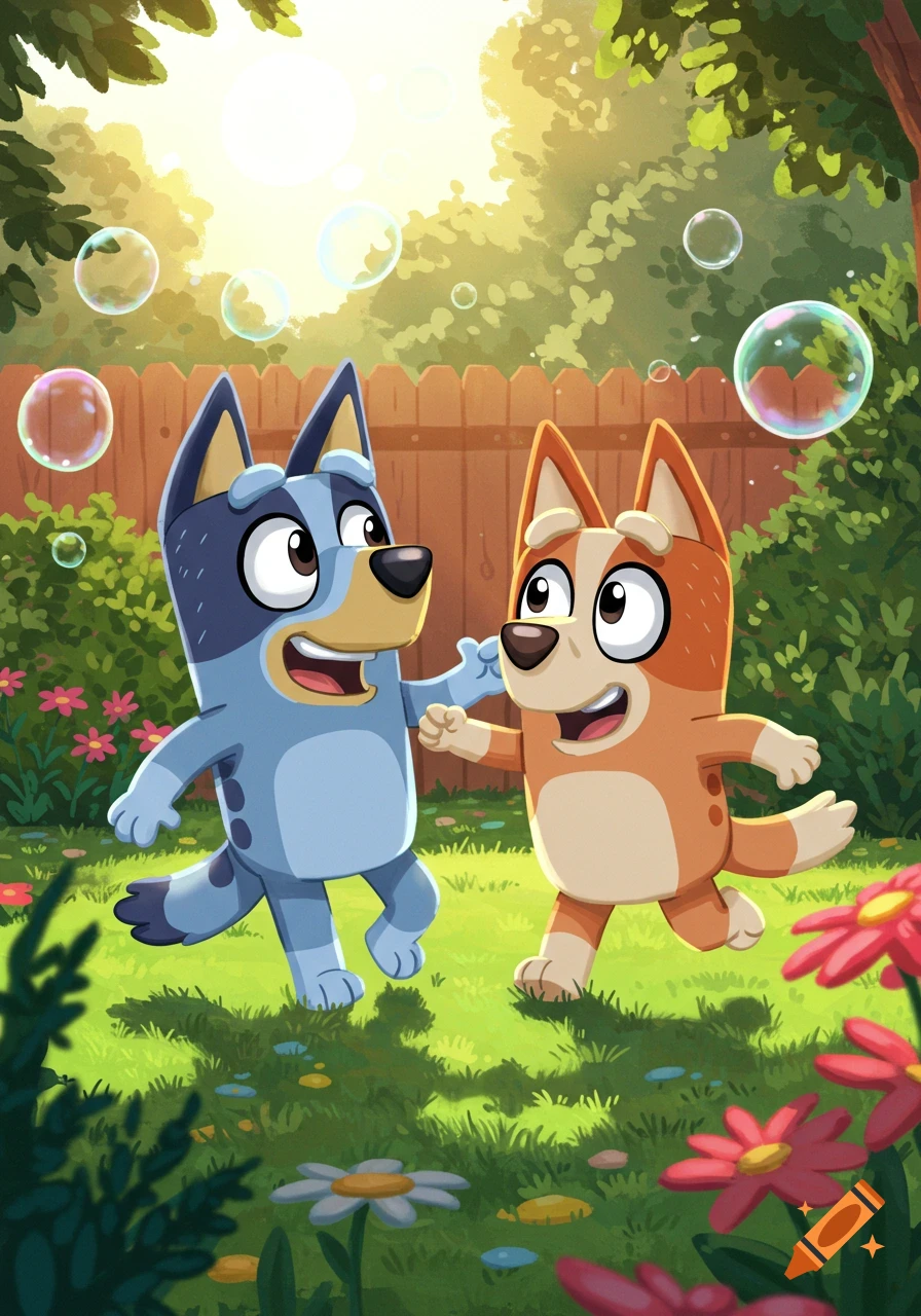 Bluey and Bingo, cartoon dog characters, happily play in a sunny green backyard with bubbles and colorful flowers.
