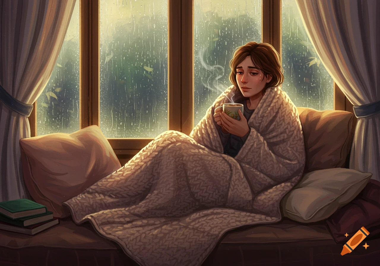 Illustration of a person wrapped in a blanket, holding a steaming mug, looking pensive by a rainy window.