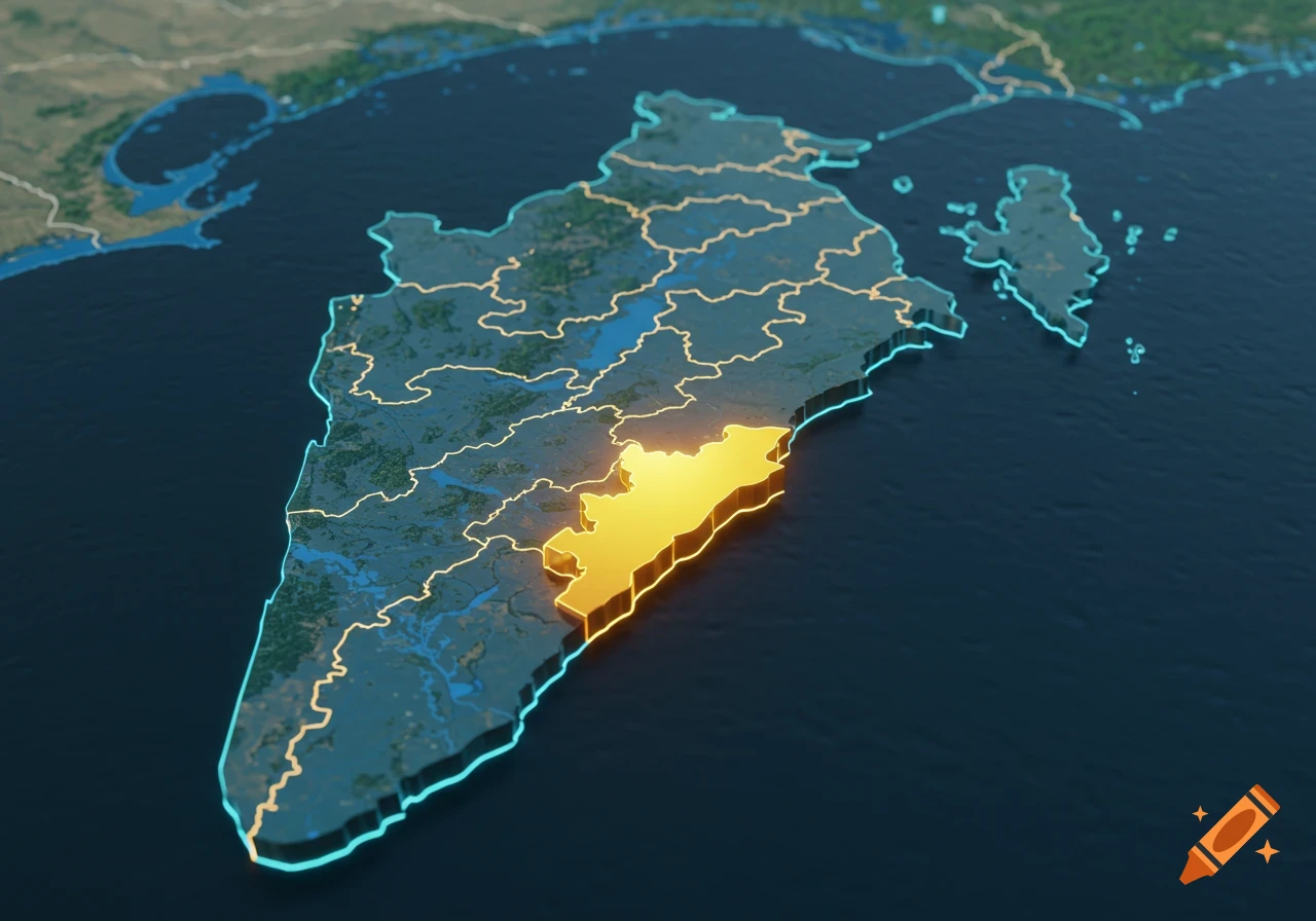 A stylized 3D digital art map with a landmass surrounded by dark blue water, featuring one golden glowing region highlighted within. The land has a soft blue-green texture.