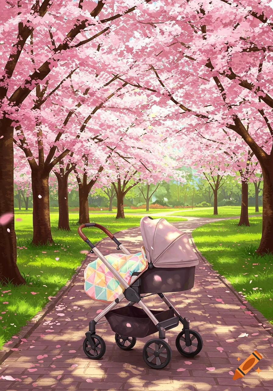 An anime illustration of a baby stroller on a path lined with pink cherry blossom trees in a sunny park.