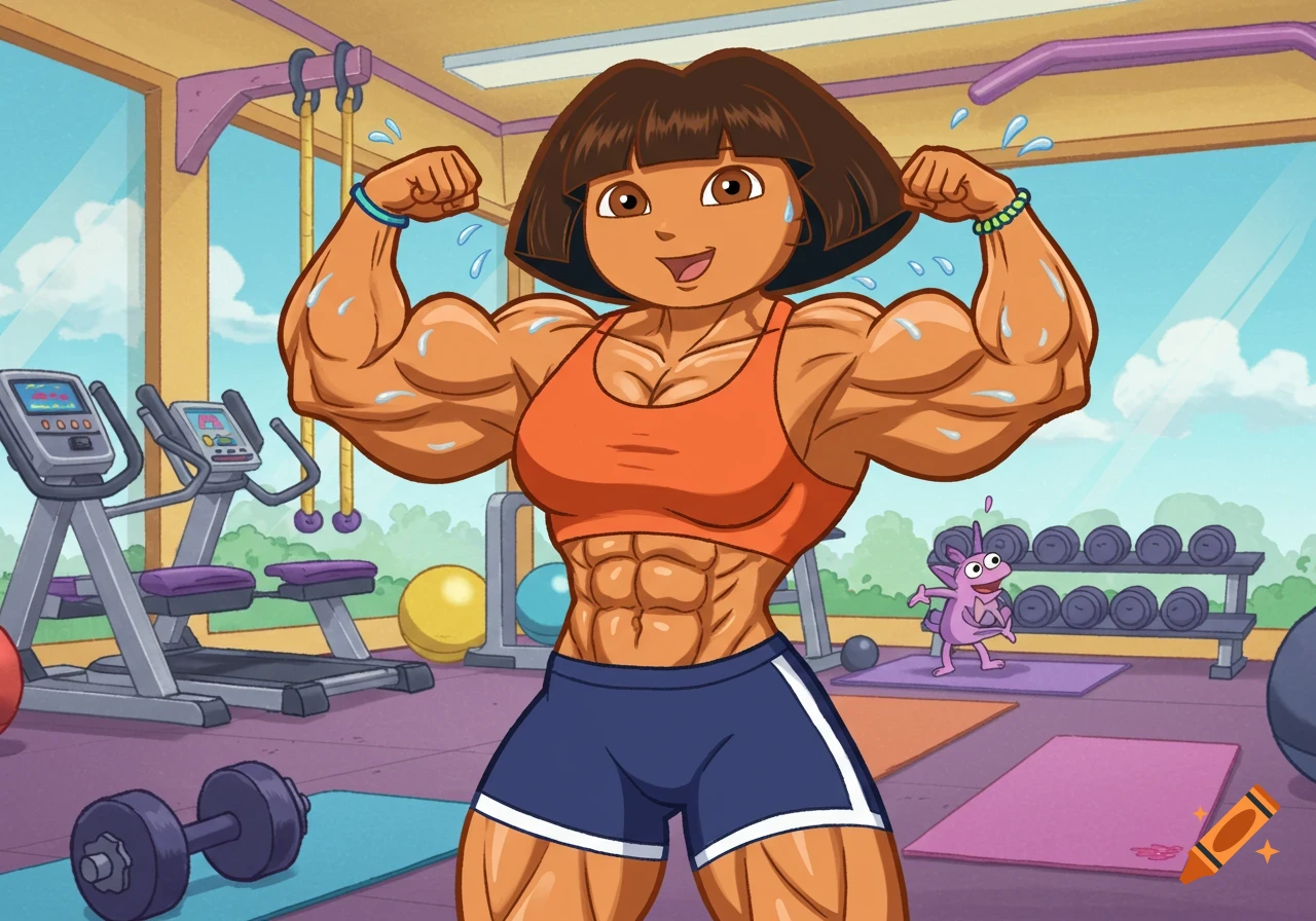 A highly muscular cartoon Dora the Explorer, wearing an orange sports bra and blue shorts, flexes her biceps and abs in a gym.