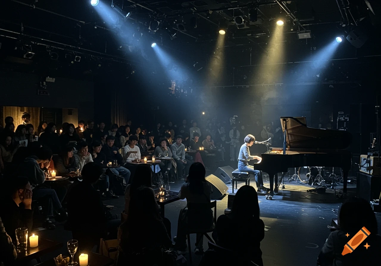 A woman plays a grand piano under spotlights in a dark, crowded jazz bar, captivating the audience.