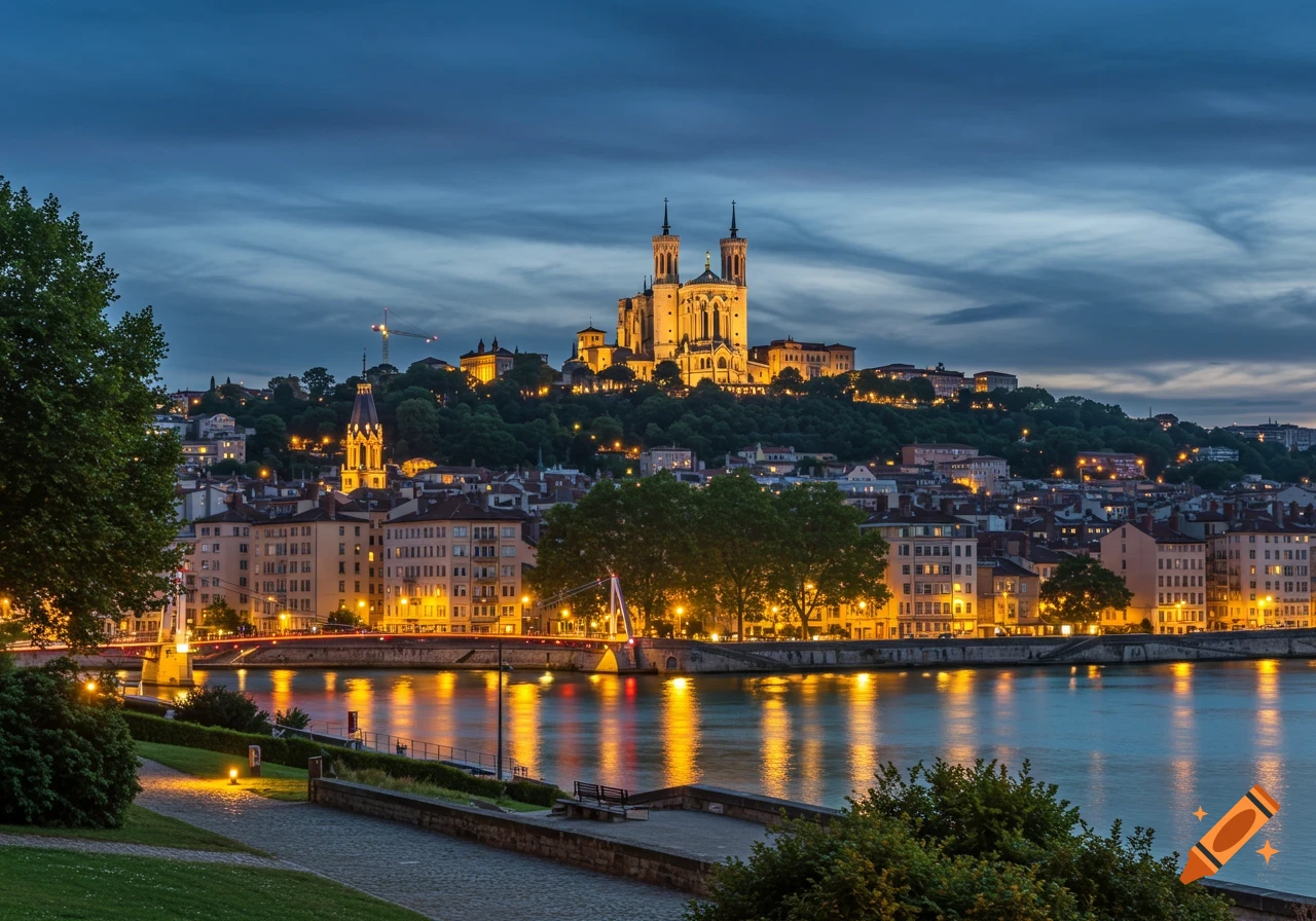 Night panoramic view of Lyon, France, showing the illuminated Basilica of Notre-Dame de Fourvière and city lights reflected on the river.