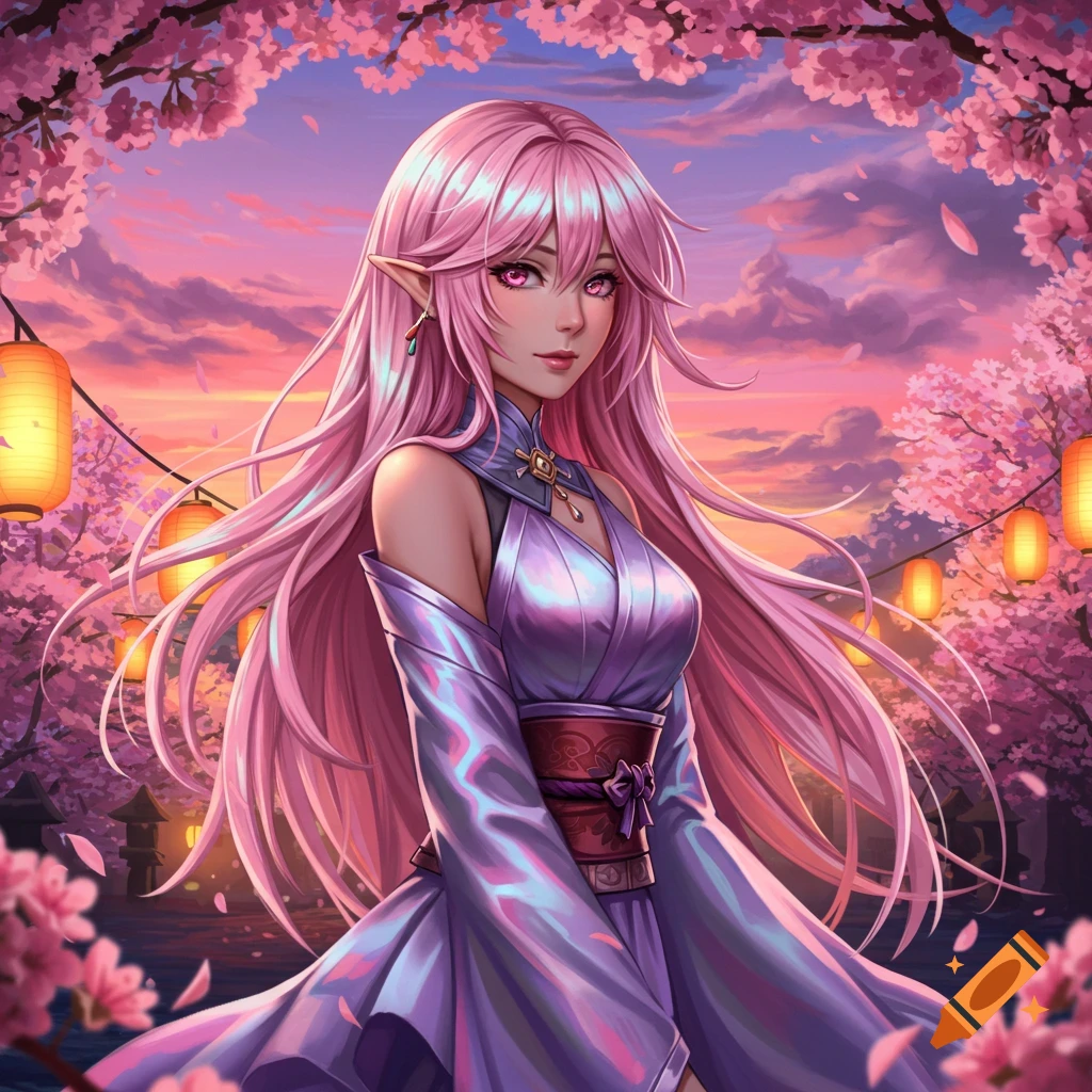 An anime woman with long pink hair and elf ears, wearing a purple dress, stands amidst cherry blossoms and glowing lanterns at sunset.